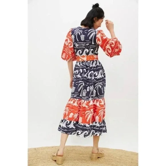 Anthropologie Place Nationale Linen Puff Sleeve Printed Midi Dress Red Small